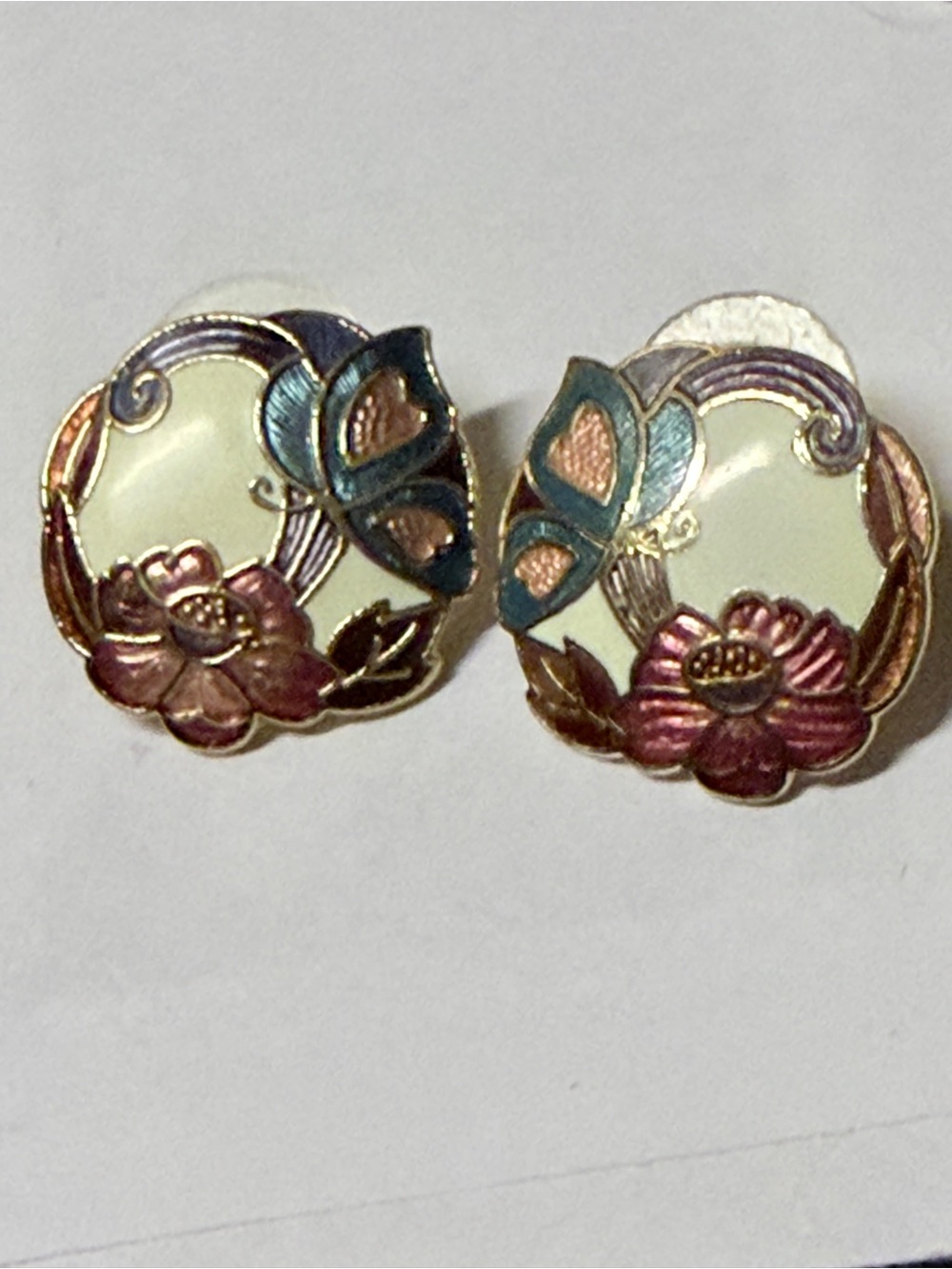 Vintage Multicolor Floral Butterfly Enamel Cloisonné  Stud Earrings